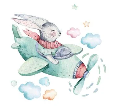 Hand drawing fly cute easter pilot bunny watercolor cartoon bunnies with Stock Illustration