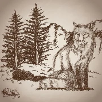 Hand drawing fox sitting landscape vintage Illustrazione stock
