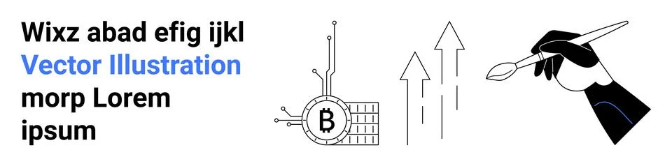 Hand Drawing Graph Arrows Next to Blockchain Bitcoin Circuit Design with Te.. Stock Illustration