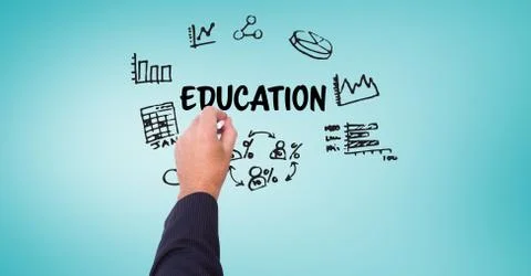 Hand drawing graphics with education text on screen Stock Photos