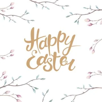 Hand drawing  happy easter watercolor  with leaves, branches a Stock Illustration