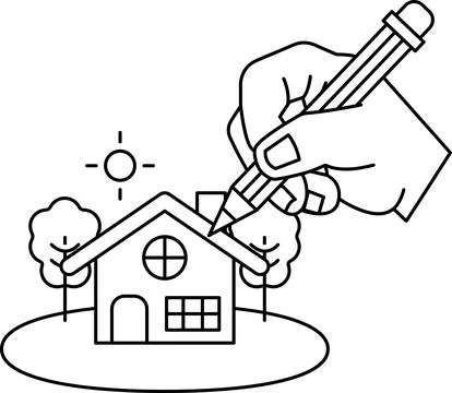 A hand is drawing a house with a pencil Ilustración de archivo