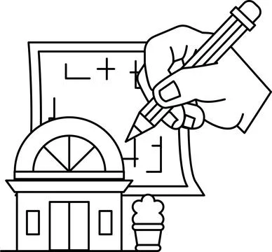 A hand is drawing a house with a pencil Ilustración de archivo