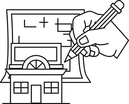 A hand is drawing a house with a pencil Ilustración de archivo
