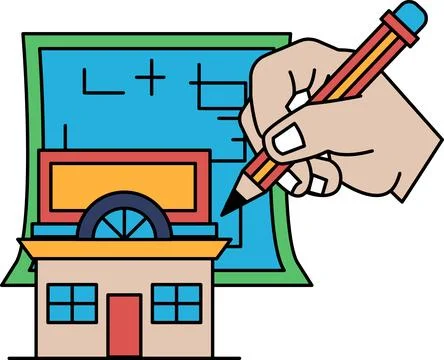 A hand is drawing a house with a pencil Ilustración de archivo
