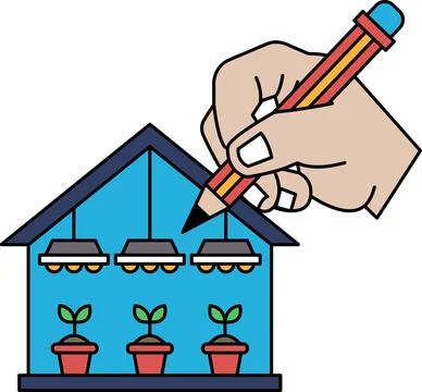 A hand is drawing a house with three lights on the roof Ilustración de archivo