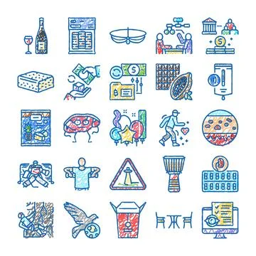 Hand drawing icons set representing various concepts and objects Stock Illustration