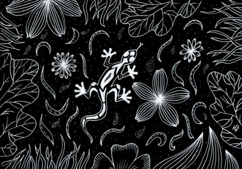 Hand-drawing illustration. Lizard in the grass and flowers Stock Illustration