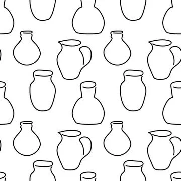 Hand drawing Jugs of different types, seamless pattern. One line style. Stock Illustration