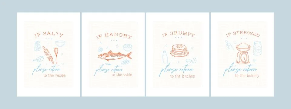 Hand drawing kitchen poster set with food illustrations Stock Illustration
