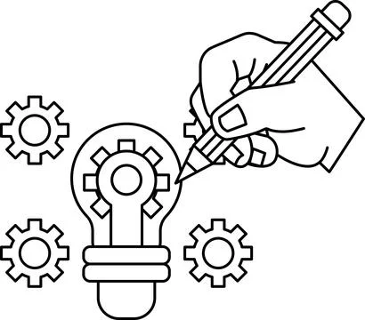 A hand is drawing a light bulb with gears around it Stock Illustration