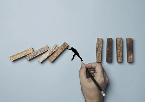 Hand drawing man pushing rectangle  block which falling to stop dominos other Stock Photos
