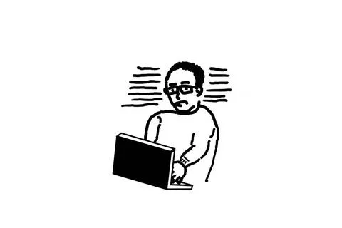 Hand drawing, man using laptop Hand drawing of an advertising character, c... Stock Photos