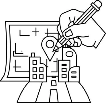 A hand is drawing a map with a pencil Ilustración de archivo