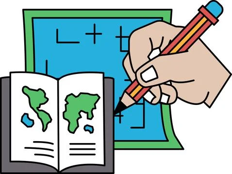A hand is drawing on a map with a pencil Stock Illustration