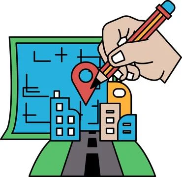 A hand is drawing a map with a pencil on a piece of paper Stock Illustration