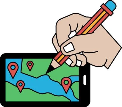 A hand is drawing on a map on a phone Stock Illustration