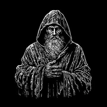 Hand drawing monk on black background Stock Illustration