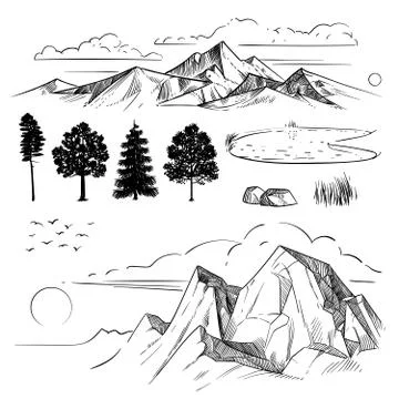 Hand drawing mountain range, peaks clouds, sun and forest trees. Retro mountains Stock Illustration