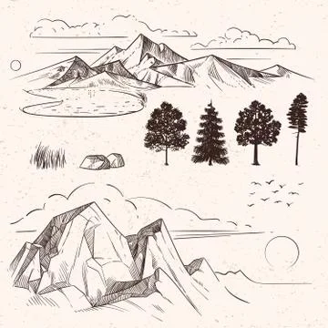 Hand drawing mountain range, peaks clouds Stock Illustration