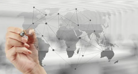 Hand drawing  with new modern computer show social network structure as conce Stock Illustration