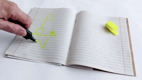 Hand drawing on a notebook with a yellow marker Stock Footage 313043461