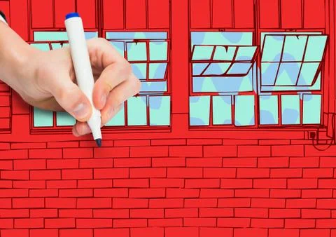 Hand drawing office lines. Red wall of bricks with windows 스톡 사진