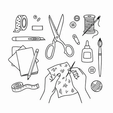 Hand drawing paper craft tools sewing scissors Silhouette Stock Illustration