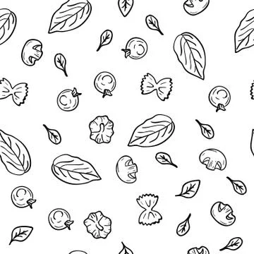 Hand drawing pattern herbs, garlic, champignons, tomato cherry, pasta in doodle 库存插图