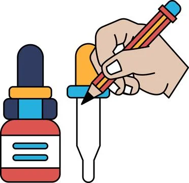 A hand is drawing on a pen with a dropper in the background Stock Illustration