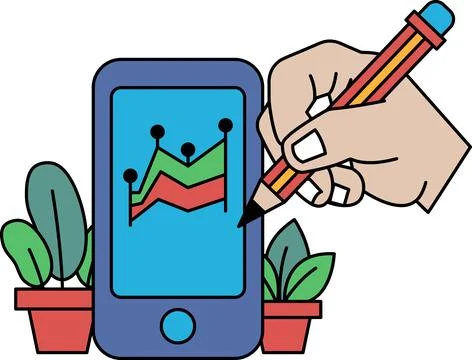 A hand is drawing on a phone screen with a graph Stock Illustration