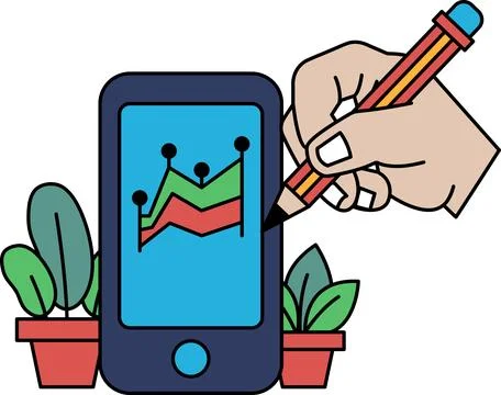 A hand is drawing on a phone screen with a graph Stock-Illustration