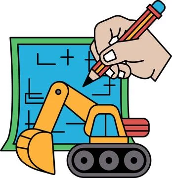 A hand is drawing a picture of a construction site with a large orange exca.. Stock Illustration