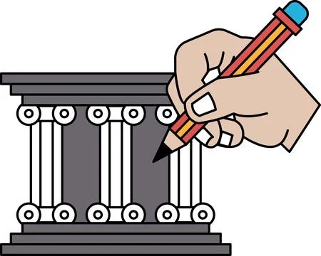 A hand is drawing on a pillar with a pencil Ilustración de archivo