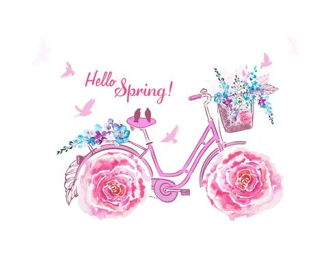 Hand drawing print design. Bicycle with flowers wheels. Hello Spring. Flying  Stock Illustration