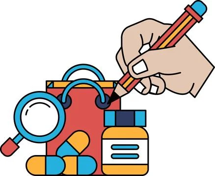 A hand is drawing on a red bag with a magnifying glass and a pencil Stock Illustration