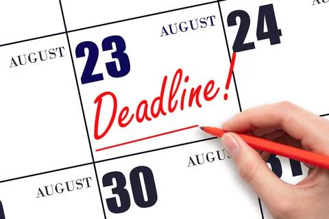 Hand drawing red line and writing the text Deadline on calendar date August 2 Stock Photos