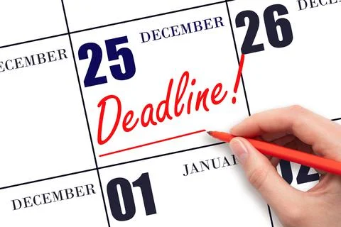 Hand drawing red line and writing the text Deadline on calendar date December Stock Photos