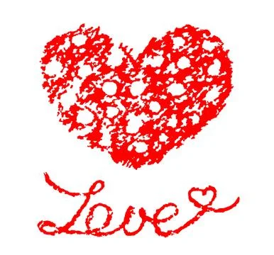 Hand drawing red polka dot heart. Crayon, pastel chalk or pencil doodle Stock Illustration