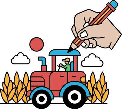 A hand is drawing a red tractor with a man driving it Stock Illustration