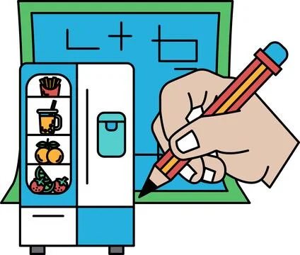A hand is drawing a refrigerator with a pencil on a computer screen Stock Illustration