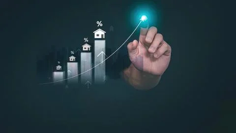 Hand drawing rising graph with house icons and percentage Stock Photos