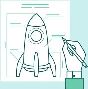 Hand drawing rocket model for new project startup launch. Engineer creates Stock Illustration