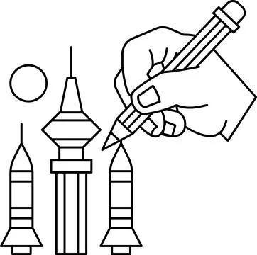 A hand is drawing a rocket with a pencil Ilustración de archivo
