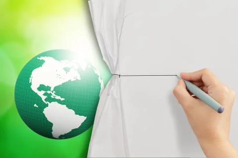 Hand drawing rope to open crumpled paper to show 3d earth globe Ilustração Stock