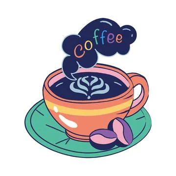 Hand drawing round cup of coffee and multicolored inscription coffee Stock Illustration