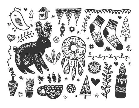 Hand drawing Scandinavian doodles elements, norwegian sketch Stock Illustration