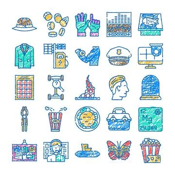 Hand drawing scribbled colorful icons collecting symbols Stock Illustration