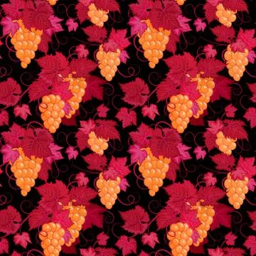 Hand drawing seamless floral pattern with yellow grape and red leaves on black Illustrazione stock