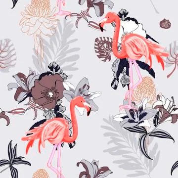 Hand drawing seamless pattern with pink flamingo and tropical le Stock-Illustration
